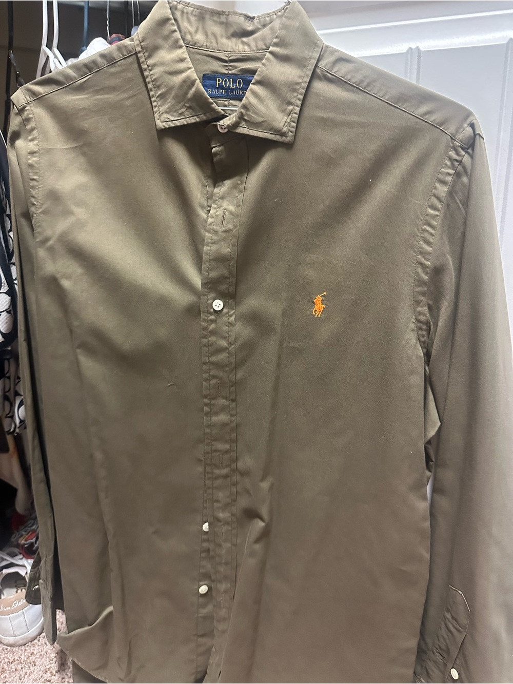 Ralph Lauren Olive Green Button-Down Shirt with Orange Pony
